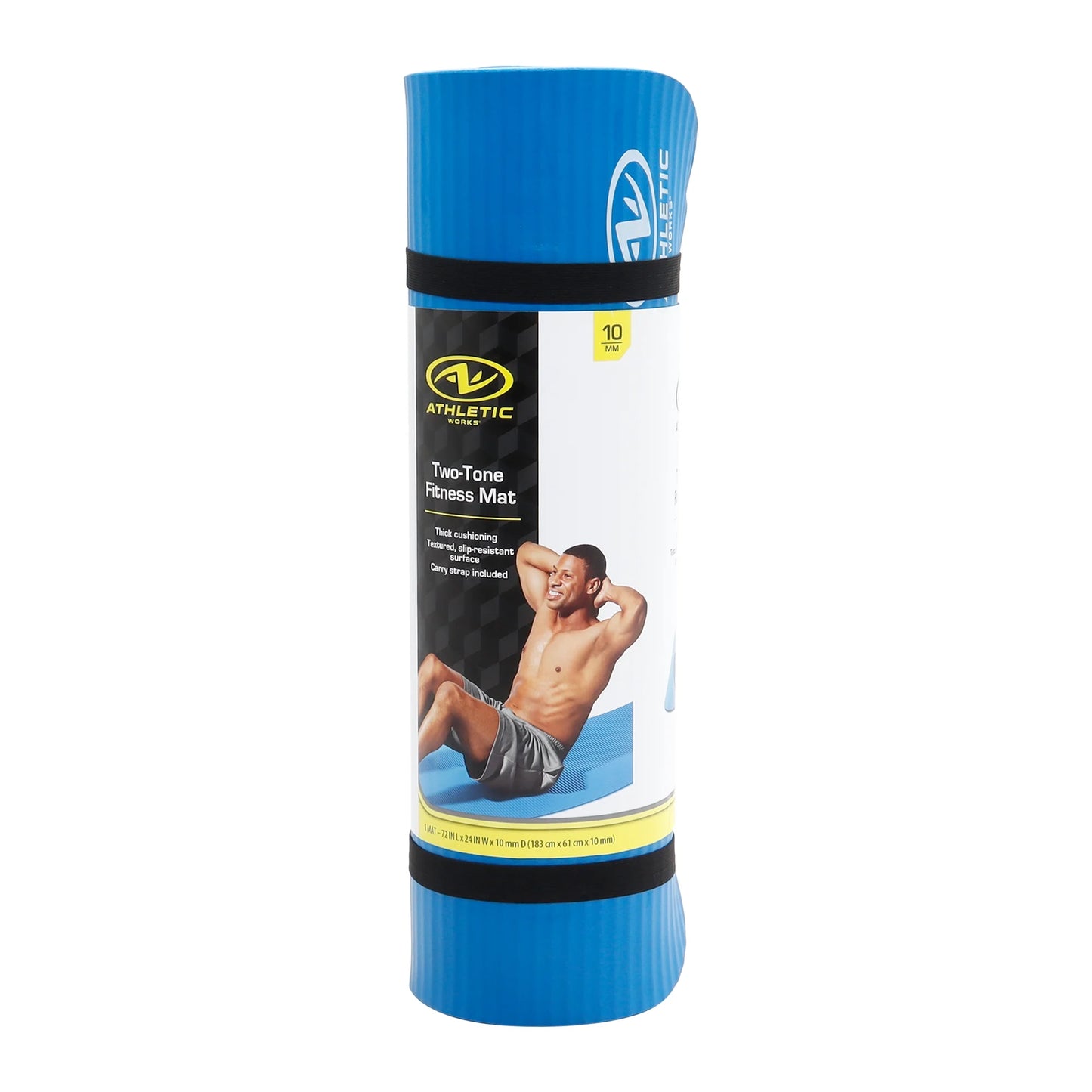 Two-Tone 10mm Fitness Mat, 72" x 24", Blue NBR Foam with Carry Strap